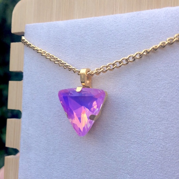 Pink-Purple Aurora Borealis + Gold Triangle Crystal Drop Pendant Boho Necklace - Picture 5 of 11